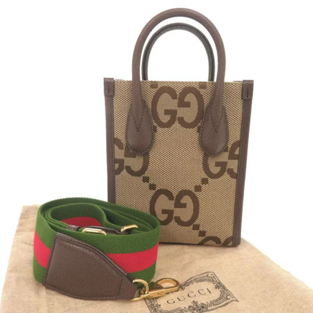 Gucci Jumbo Leather Handbag Beige Tote GG Bag Shoulder Brown Canvas